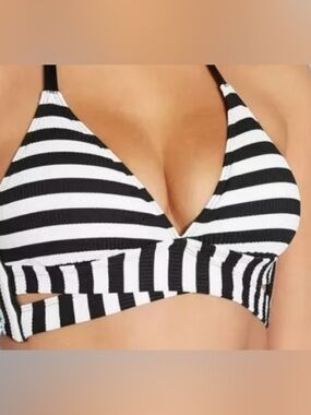 Kona Sol Ribbed Black & White Striped Triangle Bikini Top